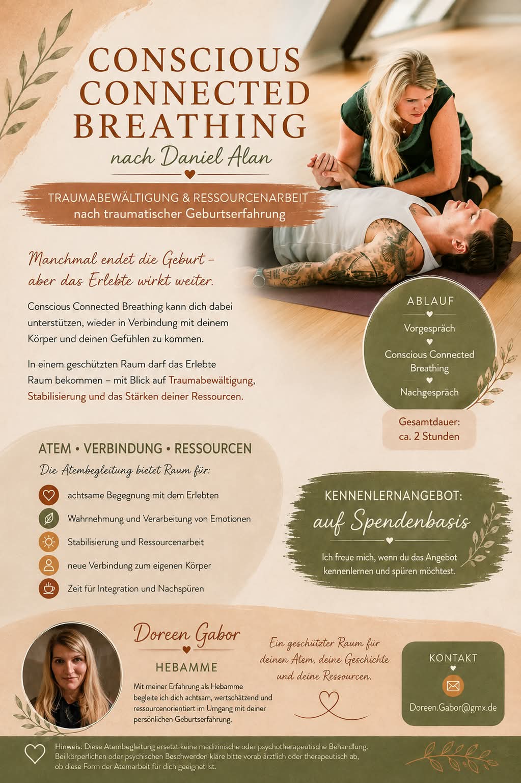 Flyer Conscious Connected Breathing nach Daniel Alan - Traumabewältigung und Ressourcenarbeit nach traumatischer Geburtserfahrung mit Doreen Gabor, Hebamme